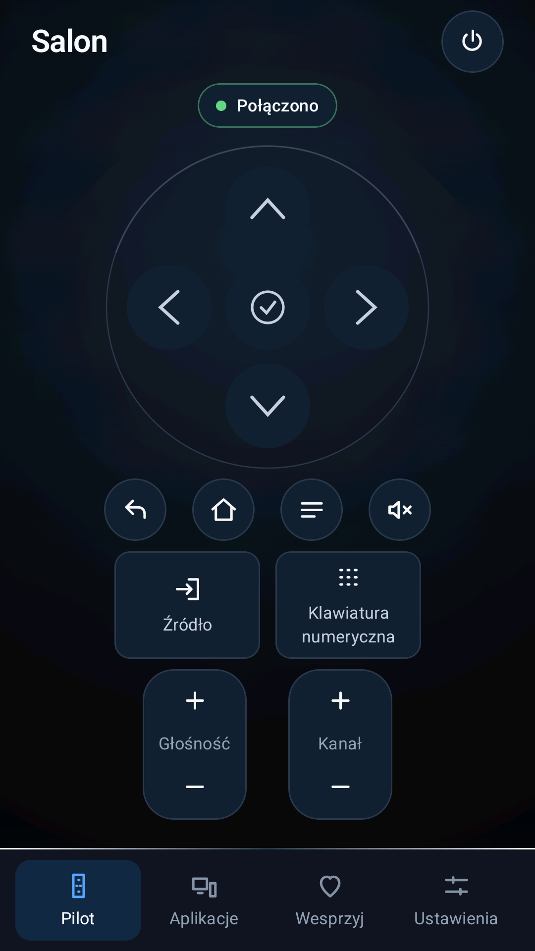 Pilot TV remote screen with direction pad, volume and channel controls